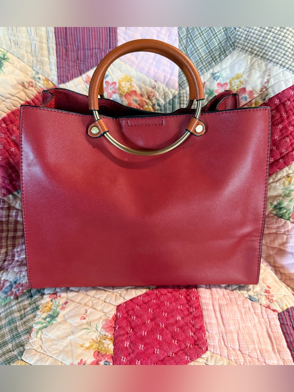 Red Leather Top-Handle bag with Round Gold Handle